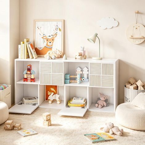 Bibliothèque - Étagère modulaire 125×30×60 cm – style nordique - 8 compartiments avec 4 portes - style moderne - Blanc (1/5)