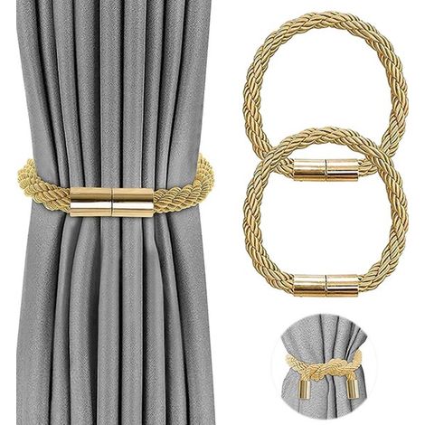Attaches magnétiques pour rideaux (2 pièces) - support de rideau - tringle à rideau - boucle magnétique - sans perçage - doré - polyester doré (1/5)