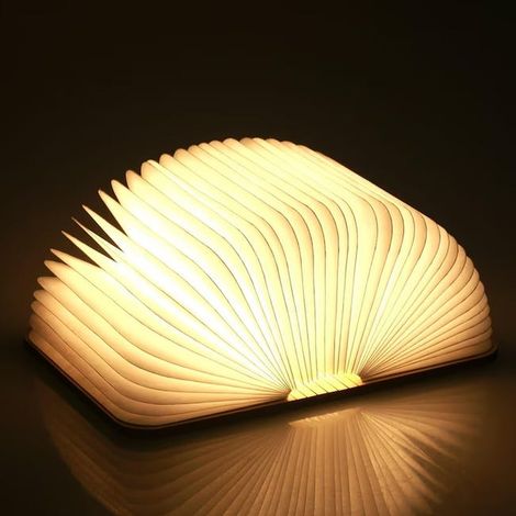 Faltbare LED-Lampe in Buchform mit 3 Lichtarten, USB-Aufladung und tragbarer Nachtlampenfunktion, Holzabdeckung, 11 × 14,5 × 2,5 cm – Beige
