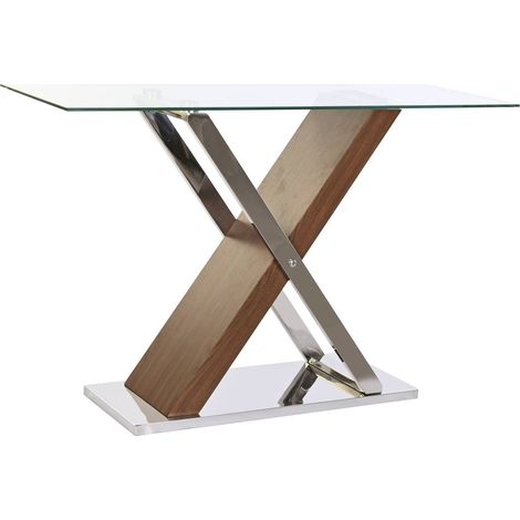 Console style contemporain en verre et acier élégant - Marron chocolat et acier argenté (1/5)