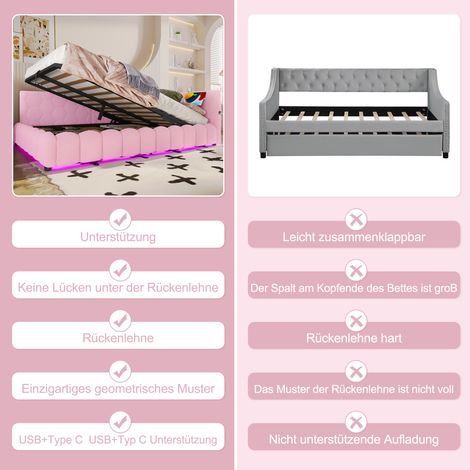 Banquette Lit 140x200cm Rose, Canapé Convertible avec Mécanisme Hydraulique, Sommier Intégré (sans Matelas), Ruban LED Intégré, Port USB Type-C, Tissu Confort Imitation Fourrure