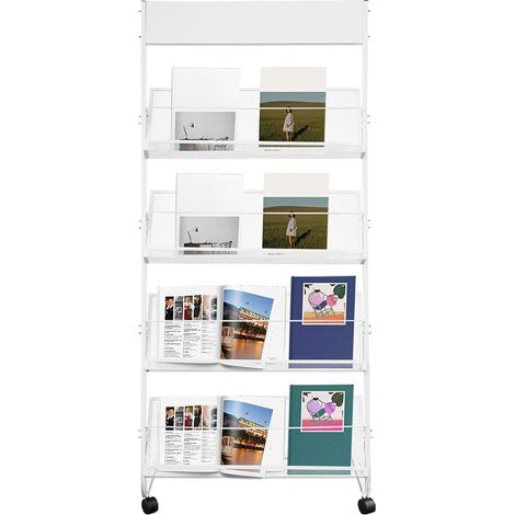Porte-revues à 4 niveaux, support de littérature au sol avec 4 roues, présentoir pour bureau, bibliothèque et zone de réception, en acier, porte-brochures A4, porte-journaux (blanc) (1/5)