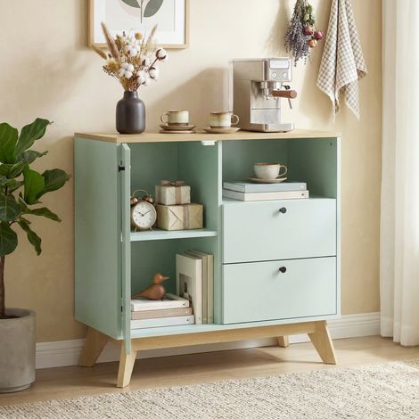 Credenza da soggiorno, mobile contenitore con anta, 2 cassetti, vano a giorno e ripiano regolabile, verde chiaro e rovere.