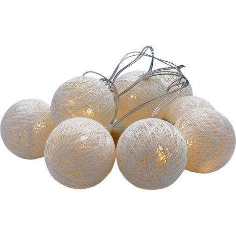LED Lichterkette mit 10 Raphia Kugeln - weiß - Deko Beleuchtung mit Baumwollkugeln - Tischdeko Weihnachtsdeko Stimmungslicht