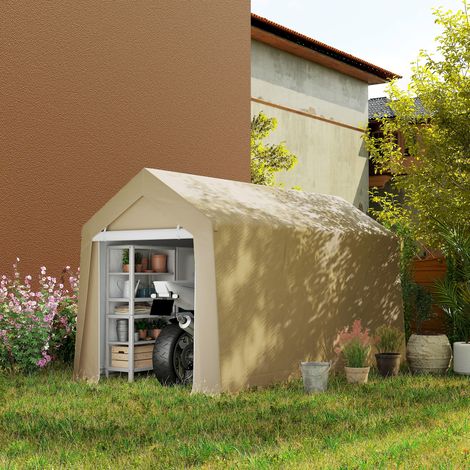 Abri de jardin tente de stockage portable pour extérieur avec cadre en acier galvanisé et grande porte 2 x 3.6 m beige