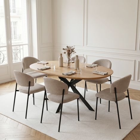 Ensemble de table à manger ronde extensible, plateau rond en MDF finition chêne (110-150 cm), style moderne et contemporain pour la salle à manger et la cuisine (6 chaises, Velours côtelé, Gris)