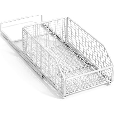 Tiroir télescopique extensible pour cuisine, panier de rangement avec système de rails pour armoires de cuisine, comptoirs, salle de bain, blanc, 25 x 39 x 14 cm (1/5)