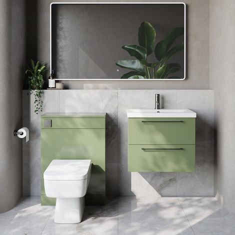 Napoli 390 Cento Olive Green 1200mm Wall Mounted 2 Drawer Vanity Unit and Toilet Suite with Glide Basin - 1200mm - Gunmetal Grey 320mm HandleWith Kingston Toilet Pan and Seat