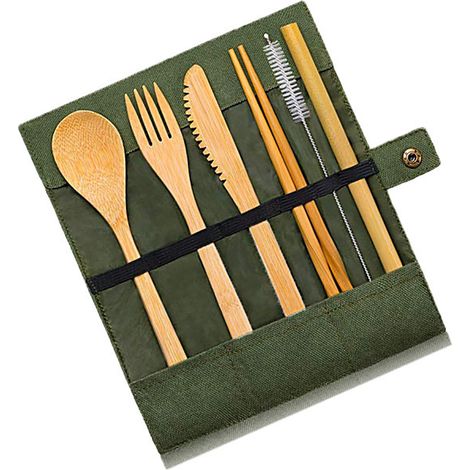 Ensemble de couverts en bambou : baguettes, cuillères, fourchettes avec boîte de rangement pour pique-nique, barbecue en extérieur