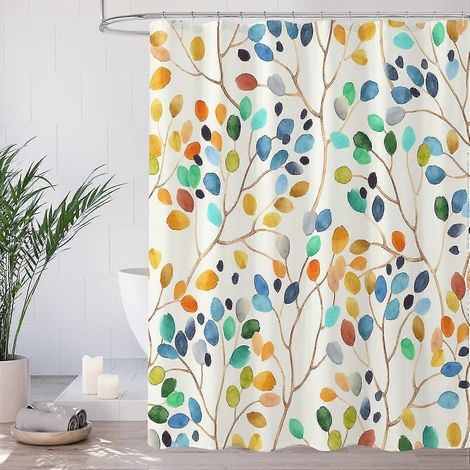Rideau de Douche Boho Fleurs pour Salle de Bain, Tissu Feuilles Colorées, Décor Botanique Aquarelle Moderne, Ensemble avec Crochets Inclus, 180x180cm (1/5)