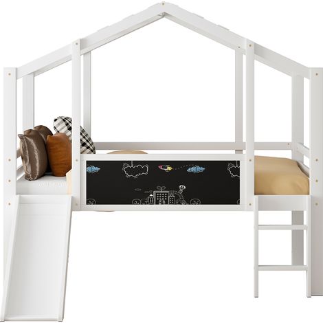 Lit mezzanine enfant 90 x 200 cm en bois avec toboggan, tableau noir, échelle sécurisée, style maison pour chambre ludique et gain de place  CHICFURN (1/5)