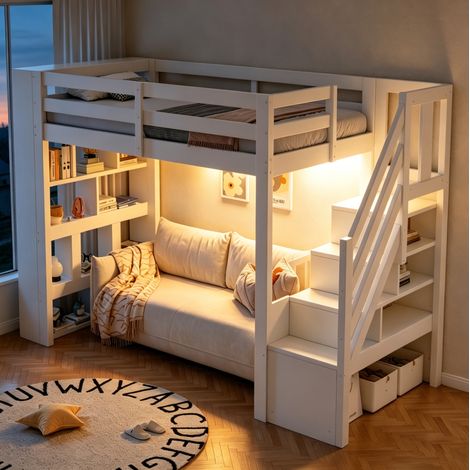Letto soppalco 90x200 cm in legno bianco con vani e LED, senza materasso - MEUBLIV (1/5)