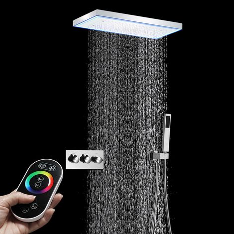 Columna ducha,Rociador musical LED de 400x200mm y 64 colores,Sistema de ducha de cuerpo completo,Juego de ducha de lluvia de techo,Válvula de ducha de 2 funciones,Rociador de mano (Cromo) (1/5)