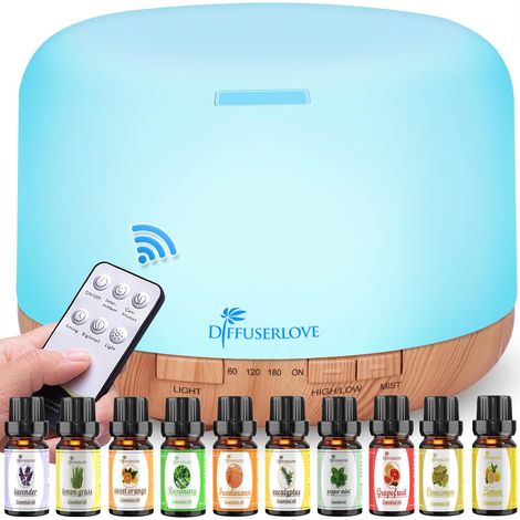 Diffuseur d'Huiles Essentielles Electrique 500ML Télécommande Arômes Humidificateurs avec Design Muet, Minuterie et Arrêt Automatique sans Eau pour Bureau Salon, LED (1/5)