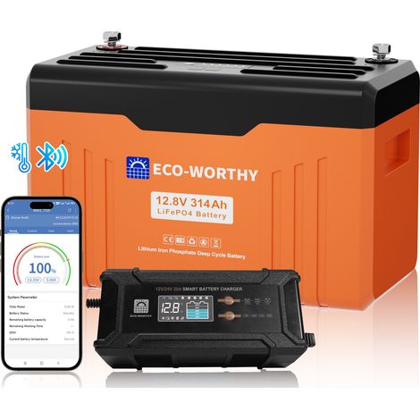 ECO-WORTHY Lithium Batterie LiFePO4 12V 300Ah Bluetooth + 12V 20A /24V 10A Batterie Ladegerät BatterieLadegerät