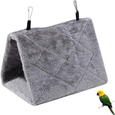 Peluche Oiseau Hamac Chaud Nid Hiver Chaud Bird Nest Maison Perroquet Hiver Chaud Hamac Cabane Pendaison de Peluche Suspendu Cage Tentes Lit pour Perruche Inséparable Canary Gris (M)-Fei Yu (1/5)