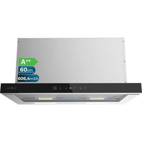 Cecotec Campana Extractora Telescópica Bolero Flux TLT 605501 Glass Black A++. 60cm, 606,4m³/h de succión, Control Táctil Invisible, Control Táctil y Movimiento, Función Booster