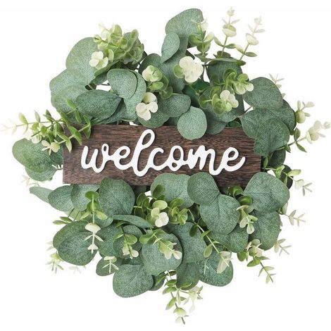 Ghirlanda artificiale di eucalipto verde, rotonda, 30 cm, con pannelli in legno, fiori bianchi e verdi, decorazione da parete, ghirlanda estiva -Crezuo