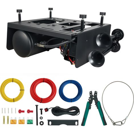 Mophorn Kit de bocina de aire con 4 trompetas, 150 dB, incluye compresor de aire de 150 PSI y tanque de 10 litros, manómetro integrado, diseño hermético, ideal para SUV y vehículos todoterreno de 12V (1/5)