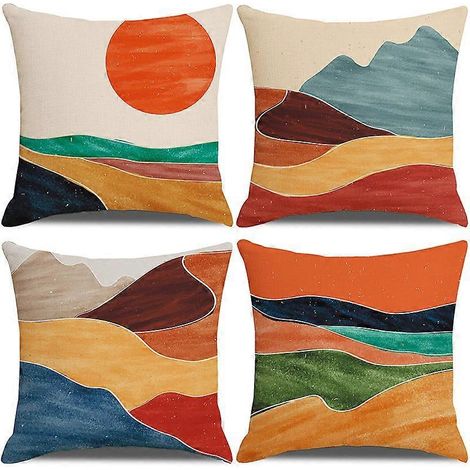 Lot de 4 housses de coussin orange 45 x 45 cm (18 x 18 pouces), coussin décoratif paysage coucher de soleil en polyester (1/5)