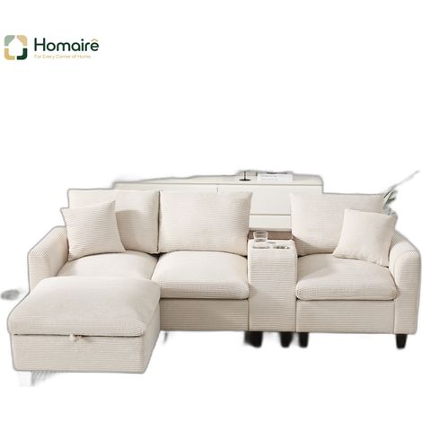 Canapé en velours côtelé beige avec port USB et accoudoirs 229 x 149,5 x 83 cm HOMAIRE (1/5)