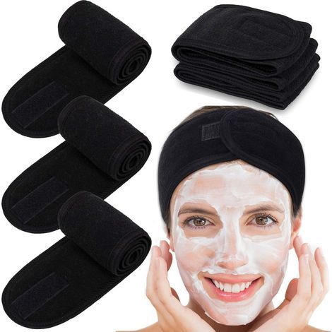 Face bandage - Makeup headband - Beauty headscarf - Velcro closure - Adjustable - Suitable for bathing, makeup, and sports - 4-pack - Black (1/5)