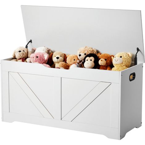 Banc de rangement pour enfants, 990 x 395 x 480 mm, coffre à jouets en bois, avec charnière de sécurité, grande boîte de rangement pour tout-petits, pour salle de jeux, salon ou entrée, blanc (1/5)