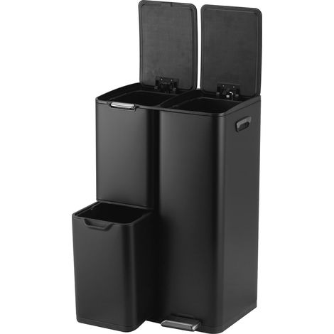 Papelera Relaxdays 3 compart., 60 L, cubos extraíbles, cierre suave, pedal, acero inox, separador residuos cocina, negra