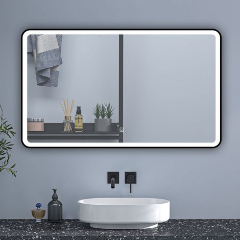 120x70cm Illuminated Bathroom Anti-fog Mirror with Adjustable 3-Colour LED Light and Black Matel Frame,Touch Switch - Memory Function (1/5)