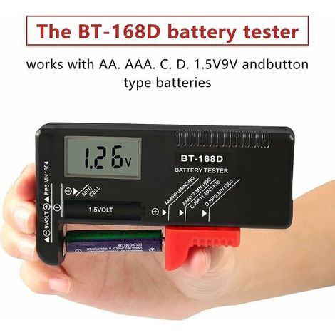 Tester digitale per batterie, tester universale per batterie, tester per batterie AA, AAA, C, D, PP3, 9V, 1.5V, batterie a bottone - Funziona anche senza batterie (1/4)
