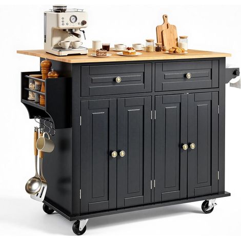 Desserte de Cuisine Mobile Îlot avec Abattant 90 cm Chariot Rangement Tiroir Armoire Dessus Bois Noir (1/5)