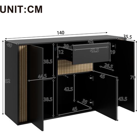 Credenza/cassettiera con 3 ante, 1 cassetto e illuminazione a LED regolabile – in nero con venature del legno naturale, 140×40×82 cm (1/5)