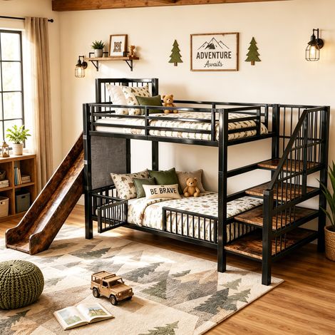 Letto a soppalco per bambini 90x200 cm in metallo nero con scivolo – MEUBLIV (1/5)