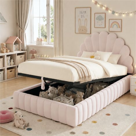 Lit coffre enfant 90x200cm lit simple avec coffre hydraulique et grand rangement - velours - rose (1/5)