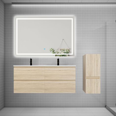 AICA Ensemble meuble 2 vasque L.120cm 4 tiroirs + lavabo + LED miroir + colonne chêne C (1/5)