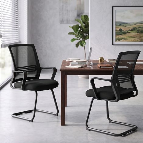 Ensemble de 2 chaises de bureau ergonomiques sans roulettes, chaises de conférence rembourrées avec piètement luge pour salles d'attente et espaces d'accueil, noires (1/5)