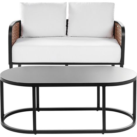 Ensemble de Jardin Canapé 2 Places et Table Basse Aluminium Noir avec Coussins Déperlants Blanc Cassé Montefalco