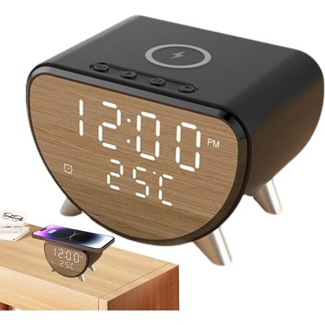 Réveil numérique - Station de charge sans fil, 11x7.9x6.5cm, Chargeur rapide 15W, Affichage multifonctionnel, Design moderne épuré, pour chambre, bureau, cadeau