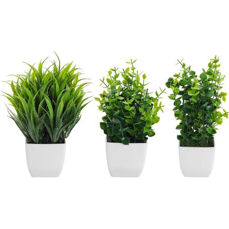 Lot de 3 plantes artificielles en pot, eucalyptus artificiel, mini-plantes d'intérieur en pot, petits arbustes de blé artificiels en plastique (1/5)