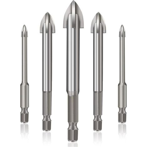 Outil de Perçage Universel Efficace, Ensemble de Forets à Carreaux Hexagonaux Croisés 5 pièces Ensemble de Forets à Béton pour Verre, Plastique, Carrelage (silver) (1/5)