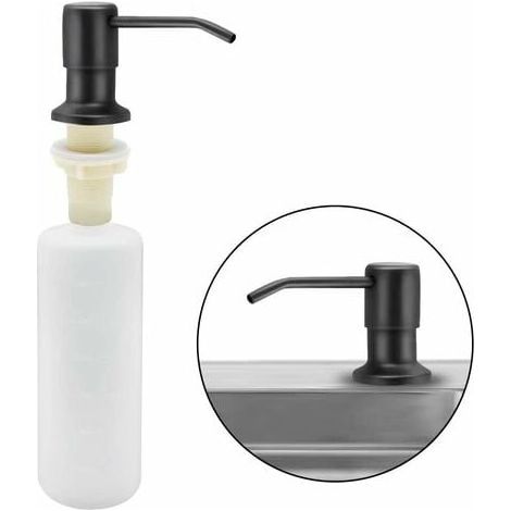BRAVIX Distributeur de Savon évier Cuisine, Distributeur de détergent encastrable en Acier Inoxydable de Cuisine 350 ML, Distributeur de Savon Rechargeable avec Pompe rotative à 360 ° (Noir Mat)