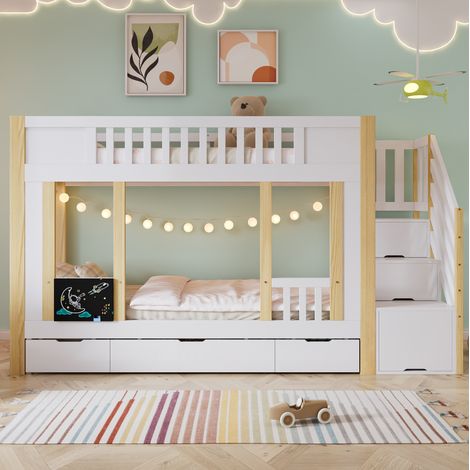 Etagenbett Kinder 90x200 cm Weiß/Natur aus Massivholz und MDF mit Stauraumtreppe und 3 Rollen-Schubladen (1/5)
