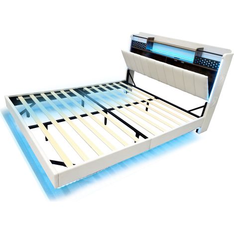 Cama tapizada 140 x 200 cm con LED y puerto USB, cabecero con almacenaje, beige (1/5)