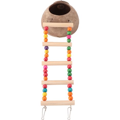 Nichoir suspendu en noix de coco, cachette en noix de coco avec échelle, maisonnette pour oiseaux et petits animaux, cabane à oiseaux en coquille de noix de coco (1/5)