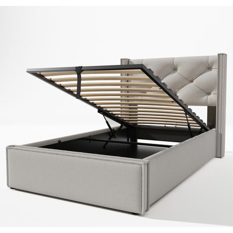 Cama con canapé tapizada 90x200 cm gris claro con estructura metálica y somier de láminas (1/5)