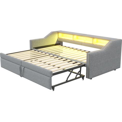 Divano letto estraibile imbottito 90/180 x 200 cm grigio chiaro con LED e USB, MODENUIT (1/5)