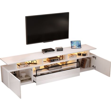 Meuble TV LED 180 x 38 x 45 cm, blanc brillant, 2 portes, 1 tiroir, rangement 10 espaces, pour TV jusqu'à 75 pouces - CHICFURN (1/5)