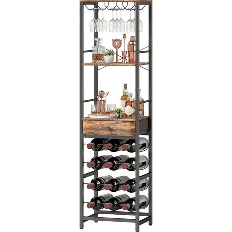 Casier à vin 12 bouteilles, étagère ouverte avec tiroir, 40x30x148 cm, brun rustique (1/5)