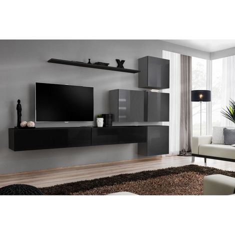 Ensemble mural - Switch IX - 4 vitrines carrées - 2 bancs TV - 1 étagère - Noir et graphite - Modèle 2 - Livraison gratuite