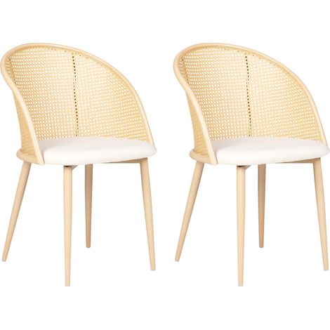 Conjunto de 2 sillas retro asiento de tela beige claro estructura metálica efecto madera clara respaldo de trenza vienesa Cornell